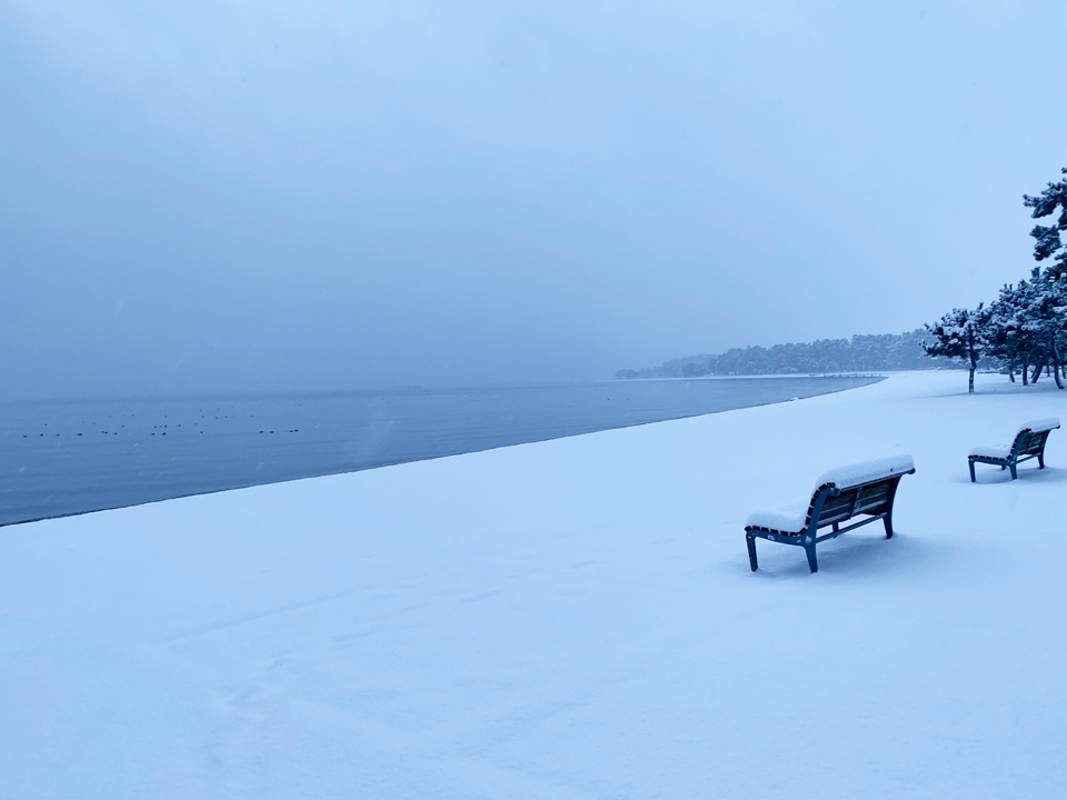雪の日の琵琶湖畔